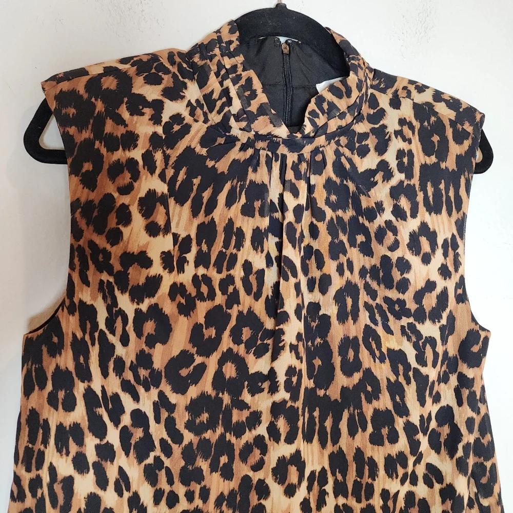 MILLY Rori Leopard Print Chiffon Sleeveless Blouse Top‎ Padded Shoulders Medium